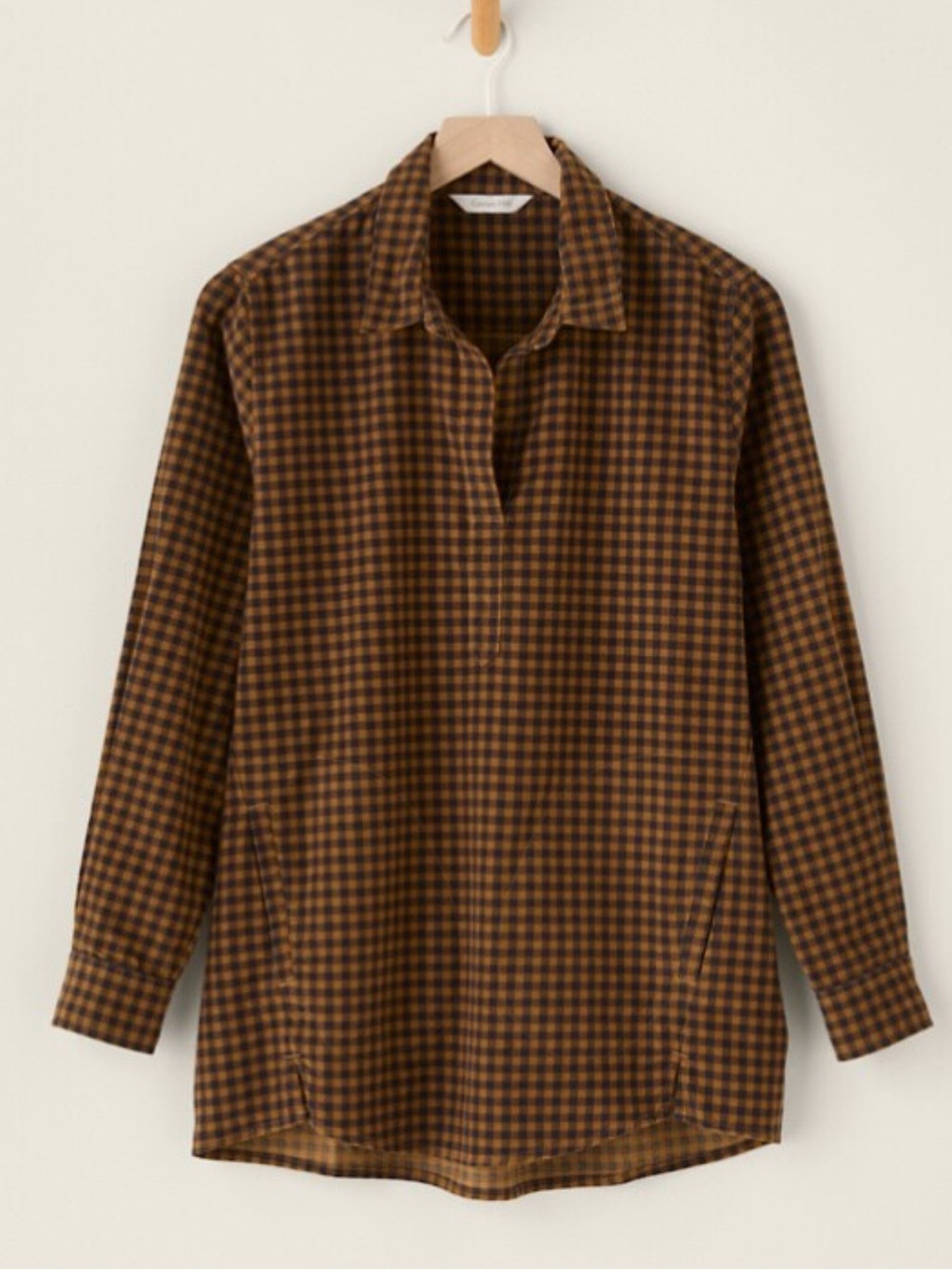 Garnet Hill Womens Feather-Wale Corduroy Tunic Top Size Medium Brown Gingham